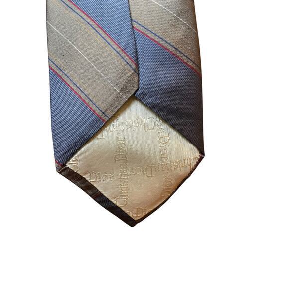 Christian Dior All Silk Men's Vintage Designer Tie Slanted Strips Blue & Brown - Picture 11 of 11